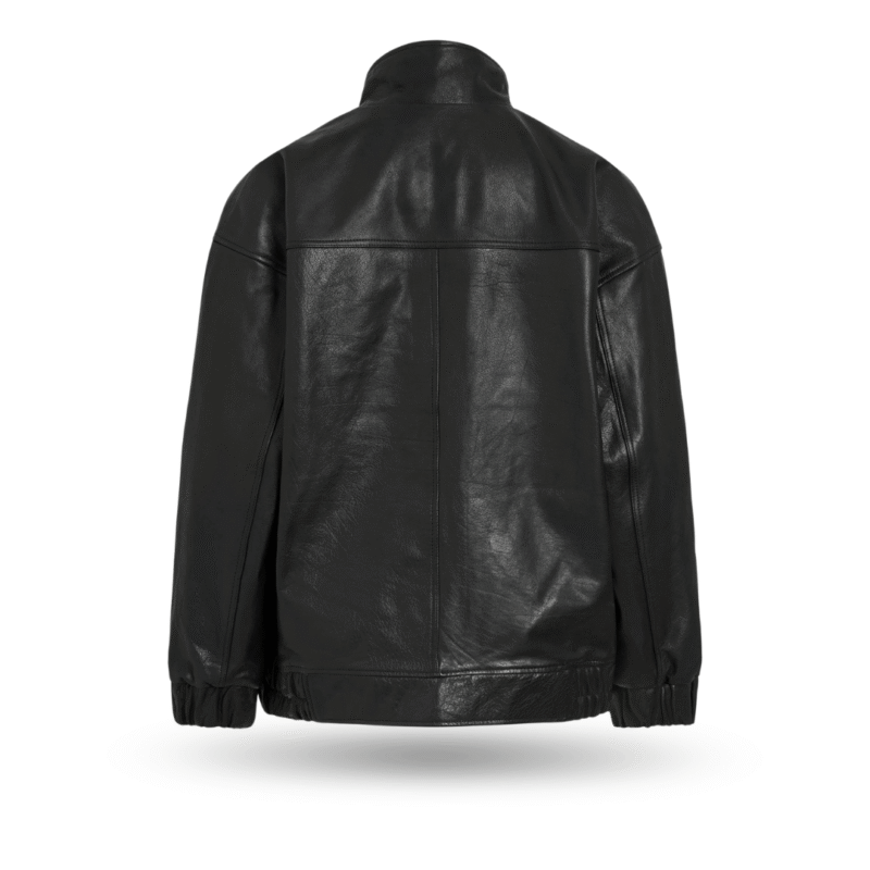 backside view of women OVERSIZED LEATHER JACKET