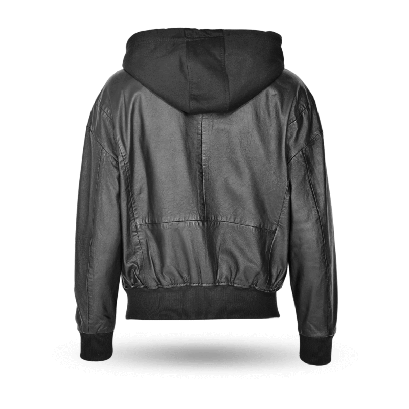 backview of oversized bomber Leather jacket black with hoodie