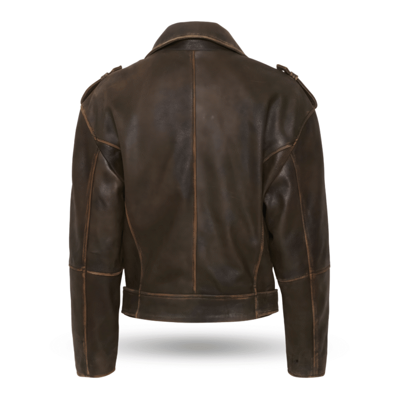 Back view of biker retro Leather jacket - brown wash