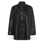 Front view of long Leather jacket - black