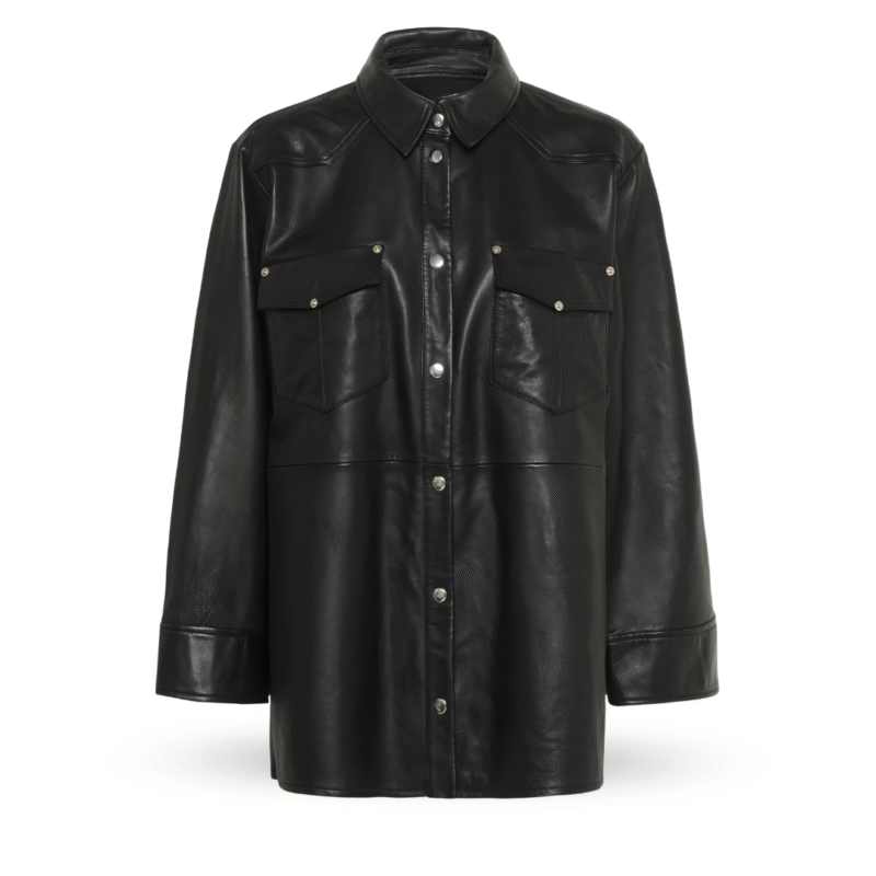 Front view of long Leather jacket - black