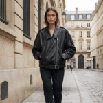 Model wearing Ladies Oversized Biker Leather Jacket - Premium Loose Fit Moto Style