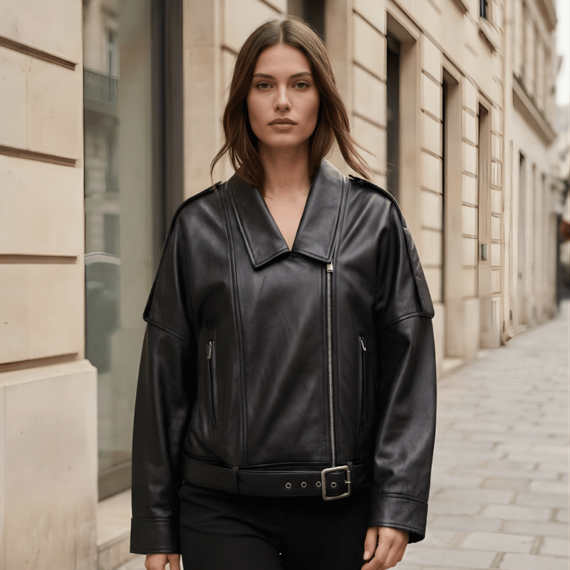 closeup view of model wearing Ladies Oversized Biker Leather Jacket - Premium Loose Fit Moto Style