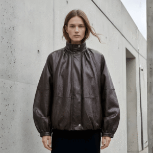 model wearing Loose Fit Long Sleeve women oversized leather jacket