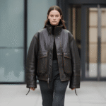 model wearing Oversize Ladies LEATHER BOMBER JACKET