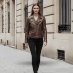 model wearing biker retro Leather jacket - brown wash model wearing biker retro Leather jacket - brown wash