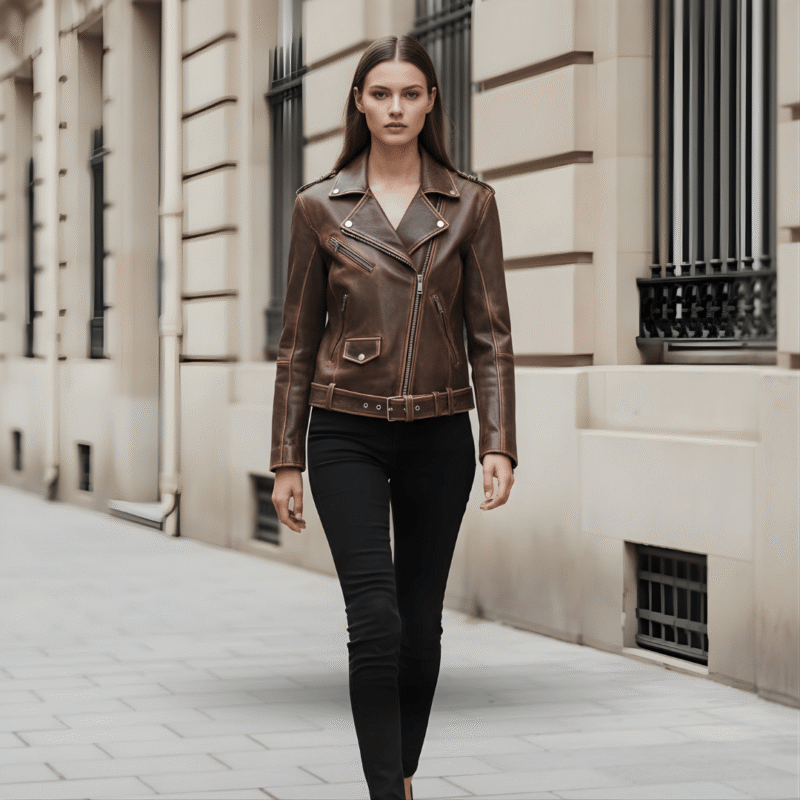 model wearing biker retro Leather jacket - brown wash