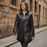 model wearing long Leather jacket - black
