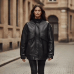 model wearing women OVERSIZED LEATHER JACKET