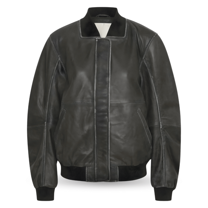 Frontview of Women's oversized Bomber Leather jacket - medium grey retro wash