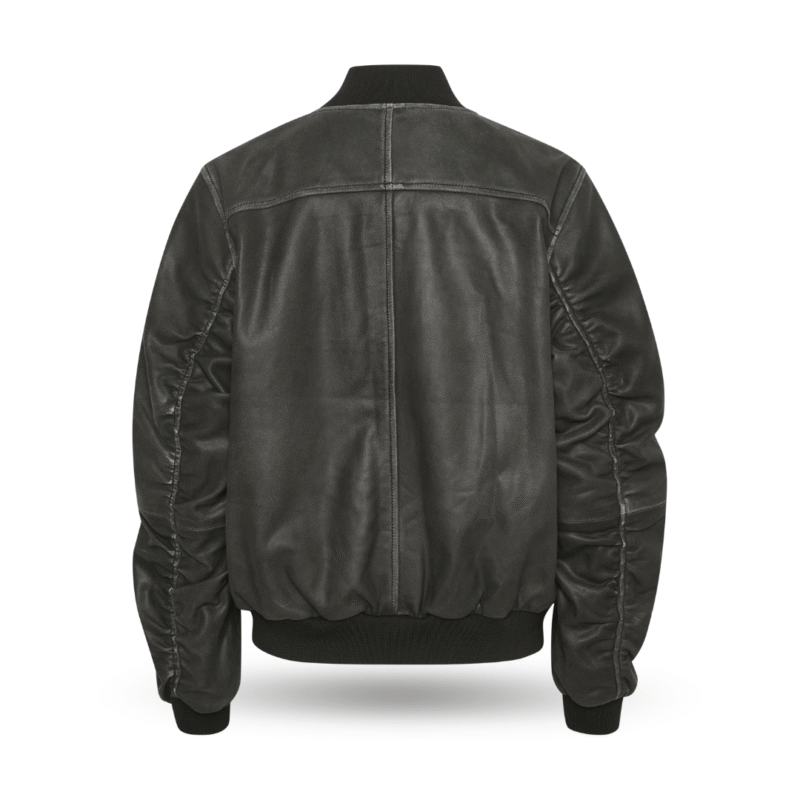 Backside of Women's oversized Bomber Leather jacket - medium grey retro wash