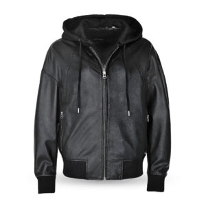 Frontview of oversized bomber Leather jacket black with hoodie