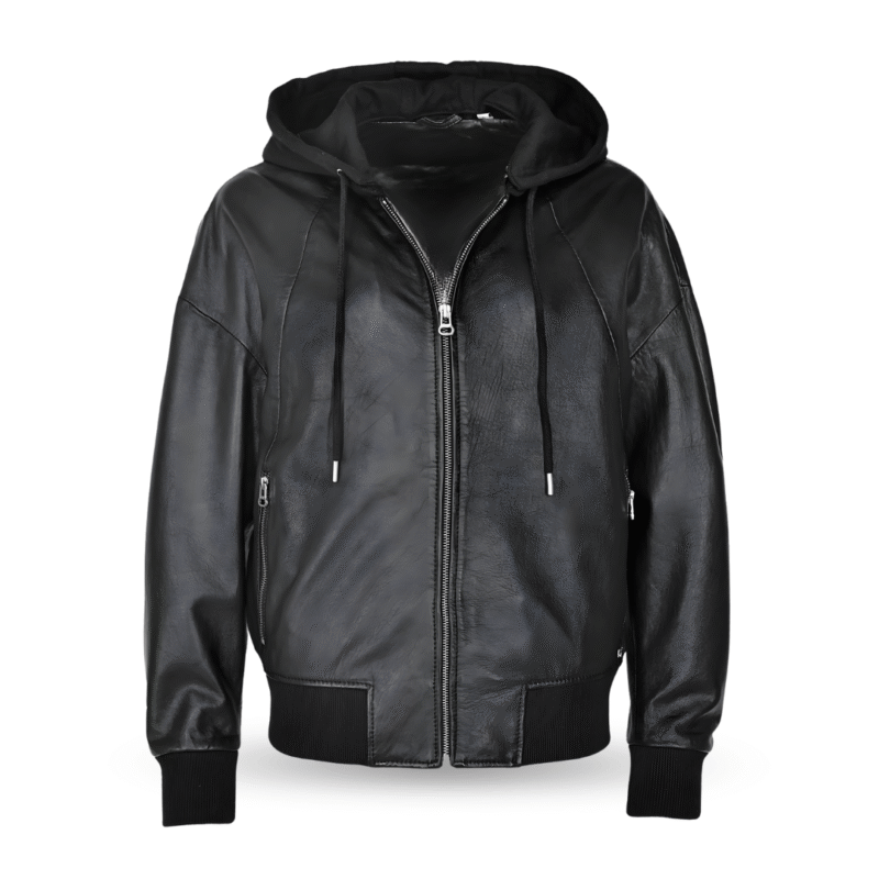 Frontview of oversized bomber Leather jacket black with hoodie