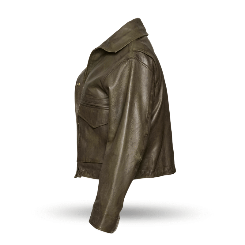 side view of oversized leather jacket - olive