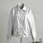 Front view of Custom Women's Oversized Silver Leather Summer Jacket