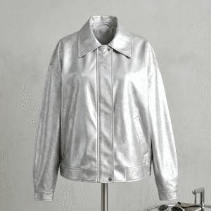 Front view of Custom Women's Oversized Silver Leather Summer Jacket