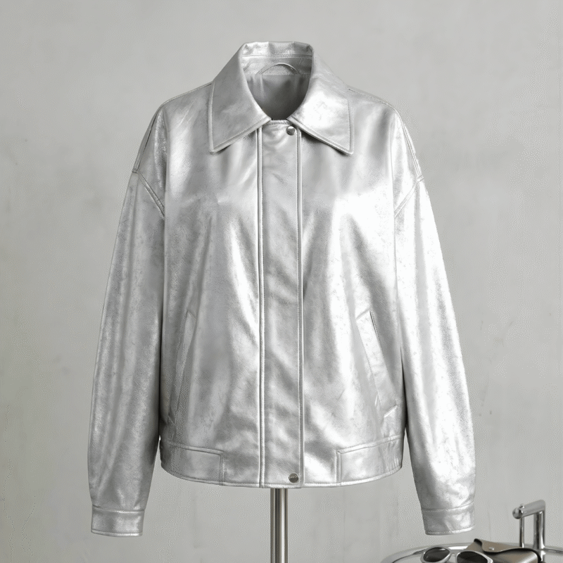 Front view of Custom Women's Oversized Silver Leather Summer Jacket